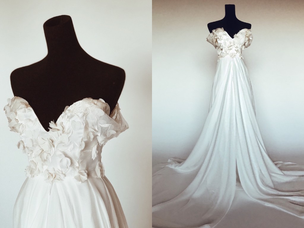 "Chrystalin" A-line wedding dress with 3D floral detailing and draped chiffon skirt with cathedral train