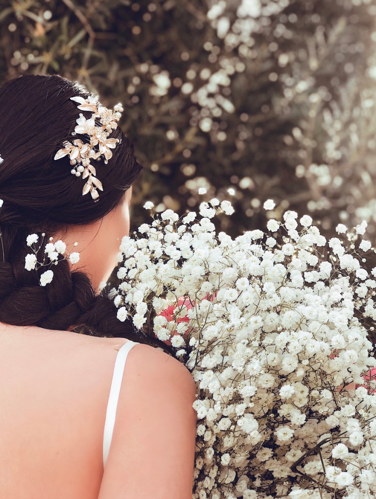 Lauren Elaine "Saffron" Bridal Comb with Gold painted flowers and pave crystals