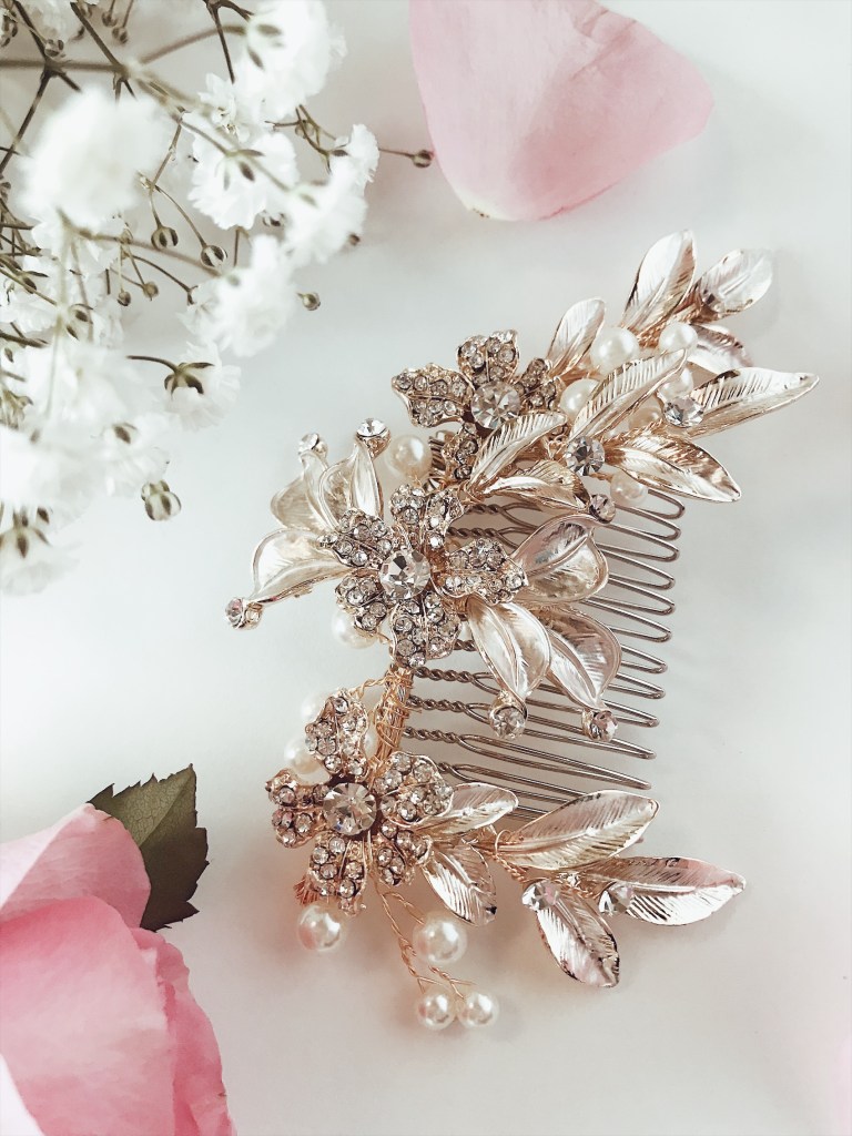 Lauren Elaine "Saffron" Bridal Comb with Gold painted flowers and pave crystals