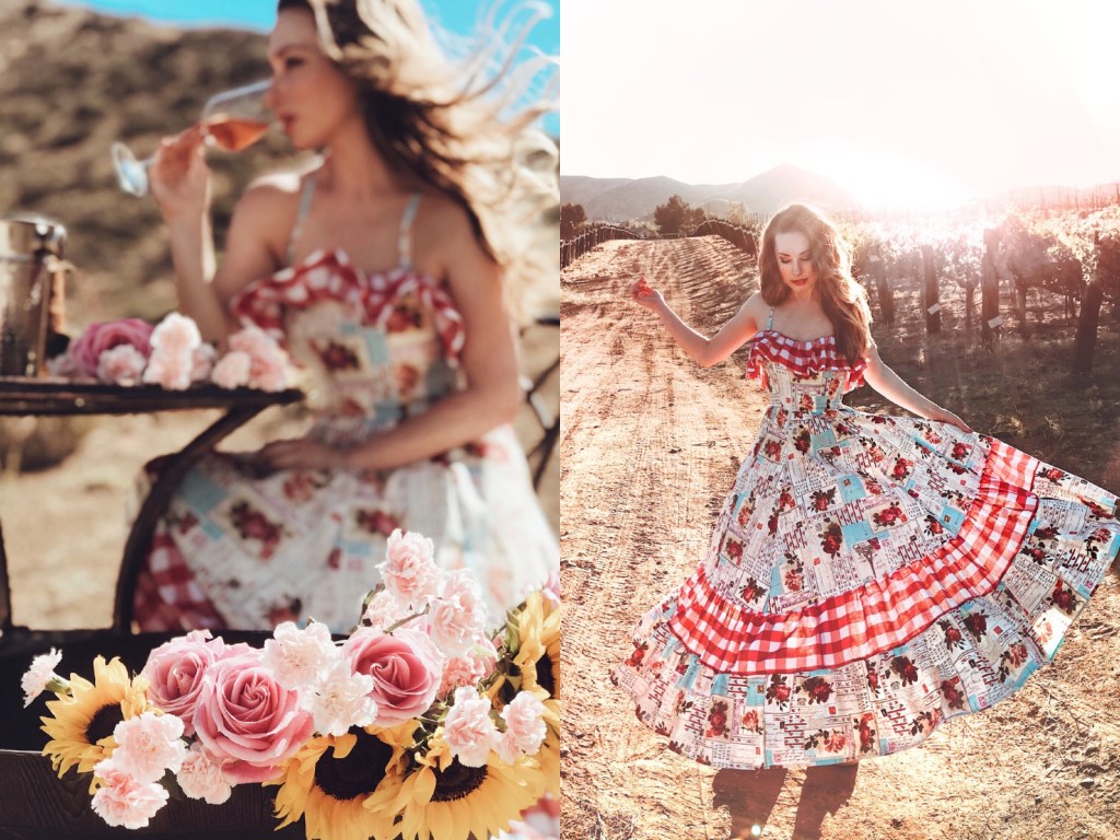 Ruffle gingham cotton floral print midi dress by Designer Lauren Elaine and the best rose wines for summer!