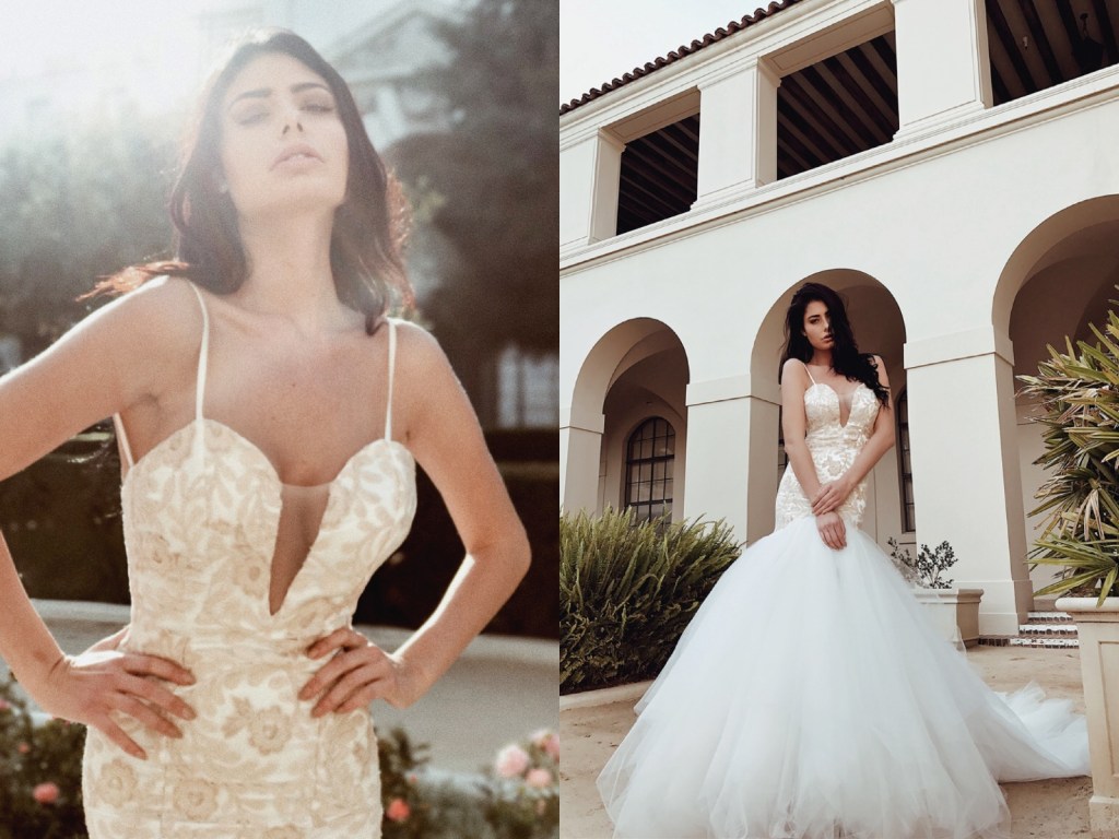 Deep V illusion neckline wedding dresses and gowns by Lauren Elaine