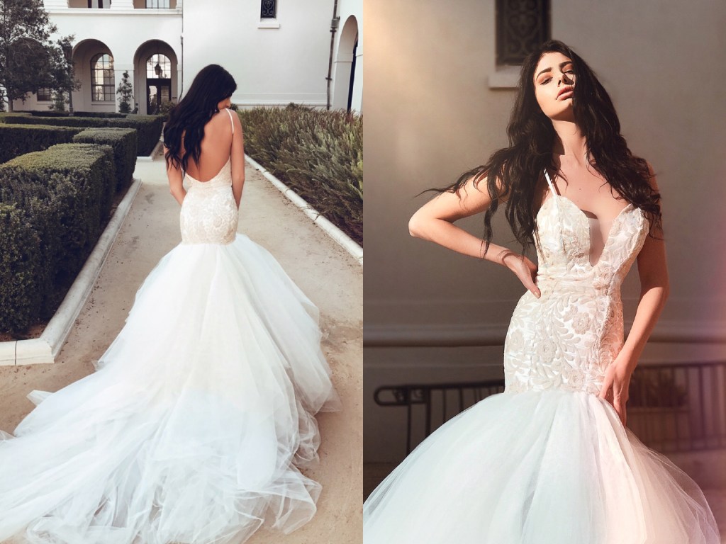 Lauren Elaine Bridal Rosabelle blush sequin mermaid deep v illusion wedding dress