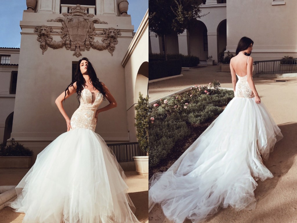 Lauren Elaine Bridal Rosabelle blush sequin mermaid deep v illusion wedding gown