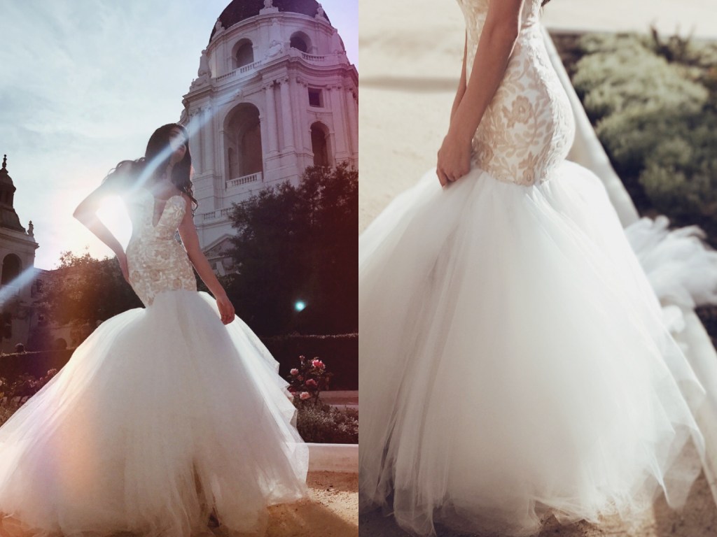 Blush sequin mermaid wedding dress with 8ft cathedral train