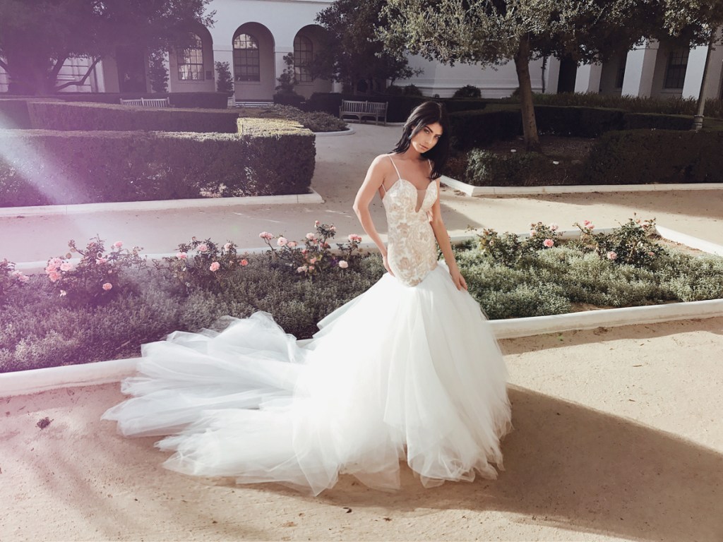 Lauren Elaine Bridal Rosabelle blush sequin mermaid deep v illusion wedding dress