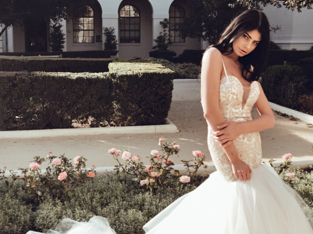 Lauren Elaine Bridal Rosabelle blush sequin mermaid deep v illusion wedding gowns