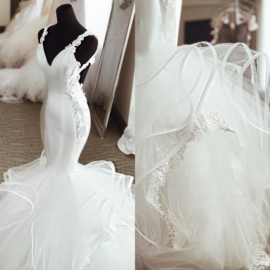 Lauren Elaine "Euphoria" satin and crystal mermaid wedding dress with illusion side panels and horsehair tulle skirt