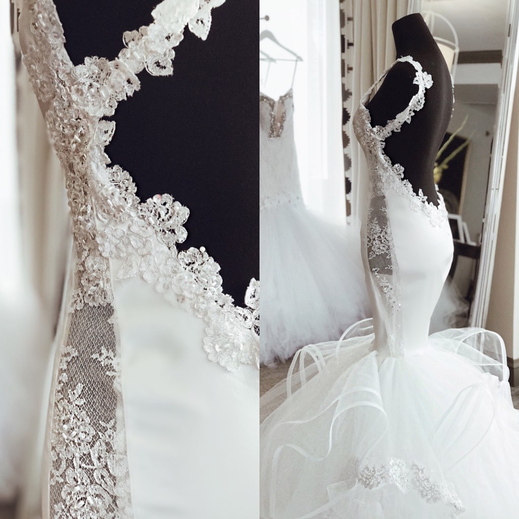 Backless Lauren Elaine satin and crystal "Euphoria" mermaid wedding gown with sexy form fit and illusion side panel details