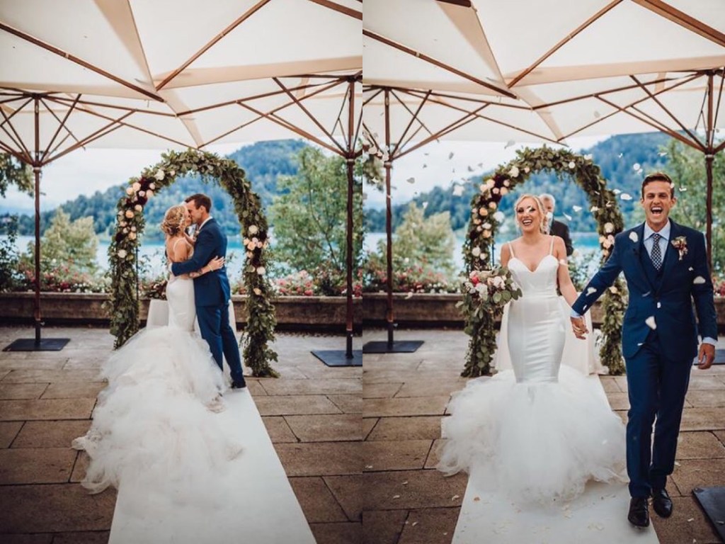 Bride Natanie celebrates her Slovenian wedding in her custom Lauren Elaine "Epiphany" mermaid wedding dress