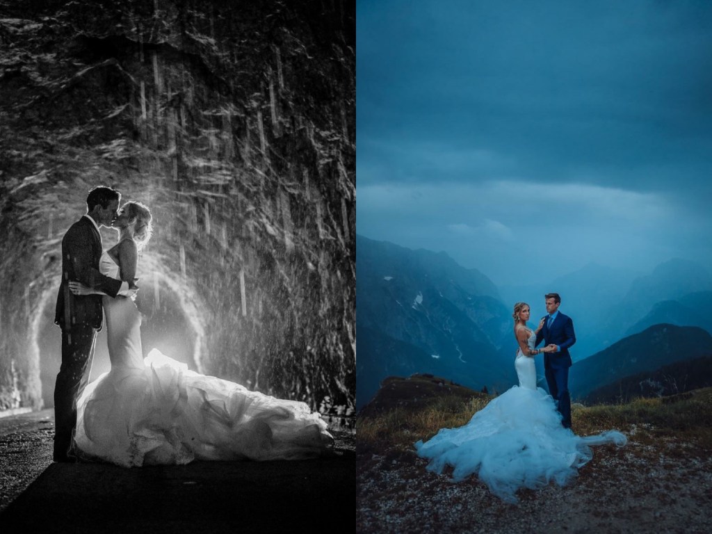 Bride Natanie embraces her husband at her wedding in Lake Bled, Slovenia wearing a custom Lauren Elaine "Epiphany" gown