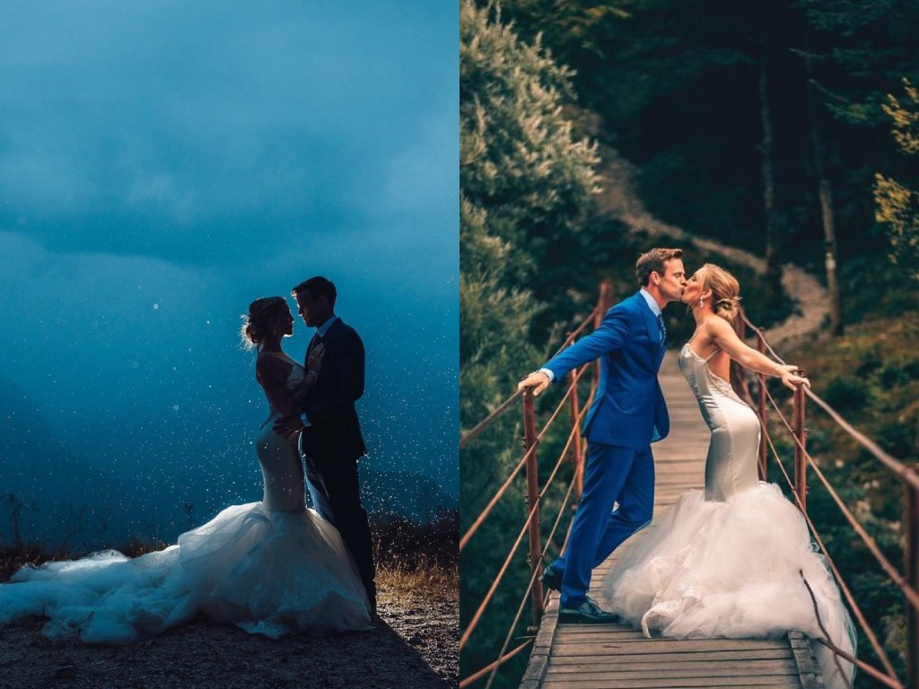 Bride Natanie's custom Lauren Elaine mermaid wedding dress at Lake Bled, Slovenia
