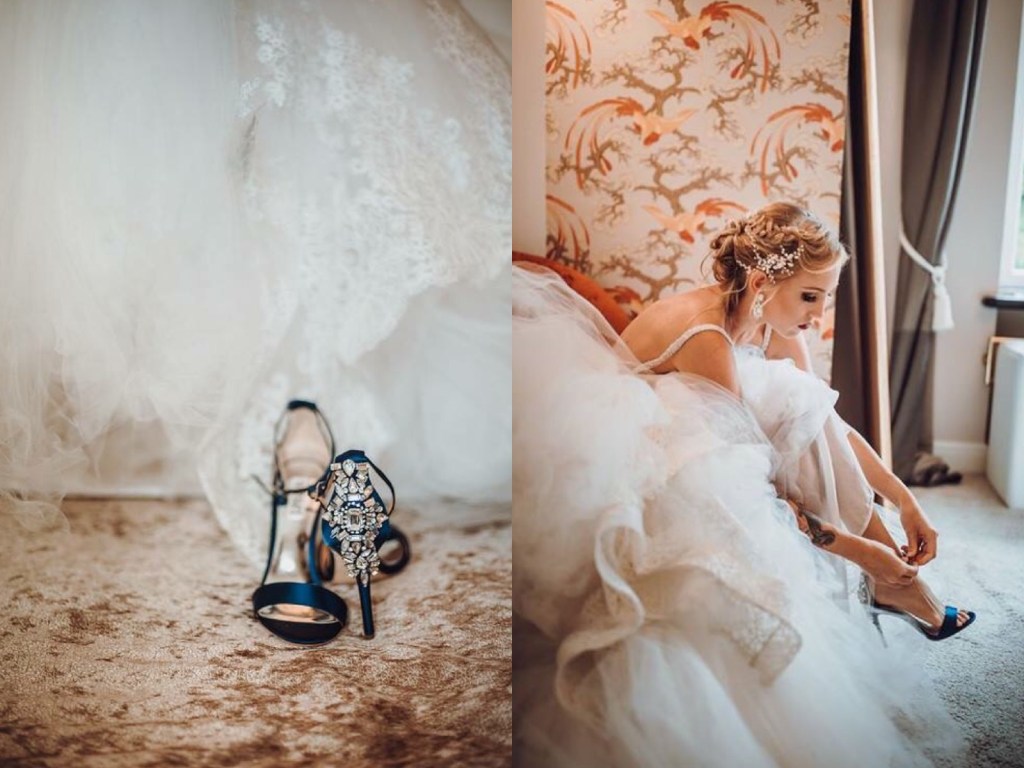 Bride Natanie prepares for her wedding in custom satin Lauren Elaine mermaid wedding dress