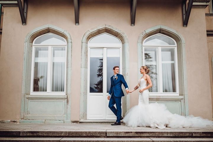 Custom Lauren Elaine "Epiphany" and "Arabelle" mermaid wedding dress on Bride Natanie