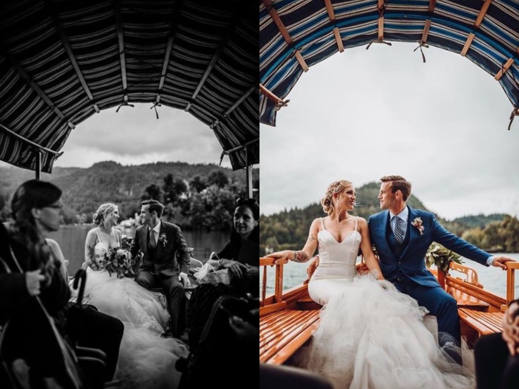 A fairytale wedding on Lake Bled, Slovenia featuring a custom Lauren Elaine "Epiphany" wedding gown