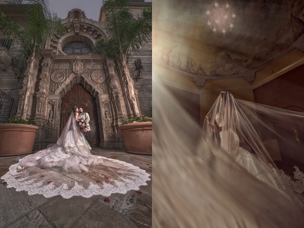 Bride Bryanna wears a custom Lauren Elaine Arabelle mermaid wedding dress at the Mission Inn Hotel in Riverside, CA