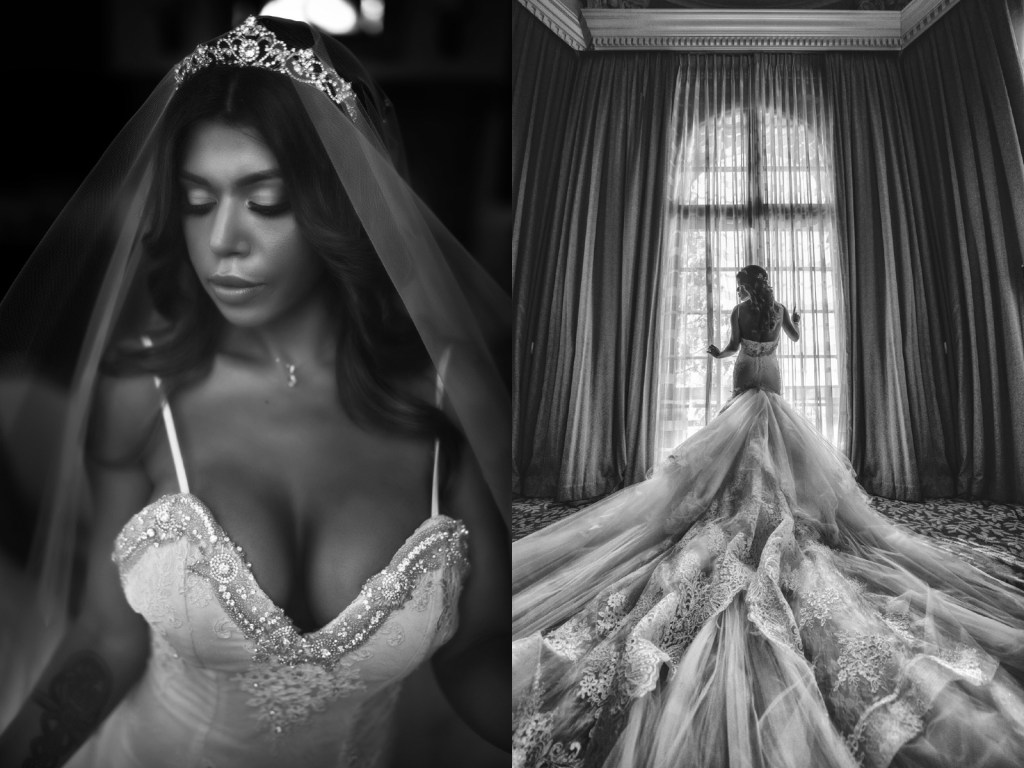 Bride Bryanna wears a custom Lauren Elaine Arabelle mermaid wedding dress with 10ft cathedral train at the Mission Inn Hotel