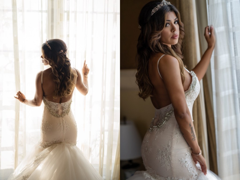 Bride Bryanna wears a custom Lauren Elaine Arabelle mermaid wedding dress at the Mission Inn Hotel 