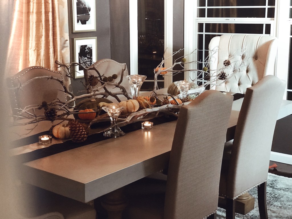 Pumpkin and gourd Fall table scape decor by Designer Lauren Elaine at Castle Vista