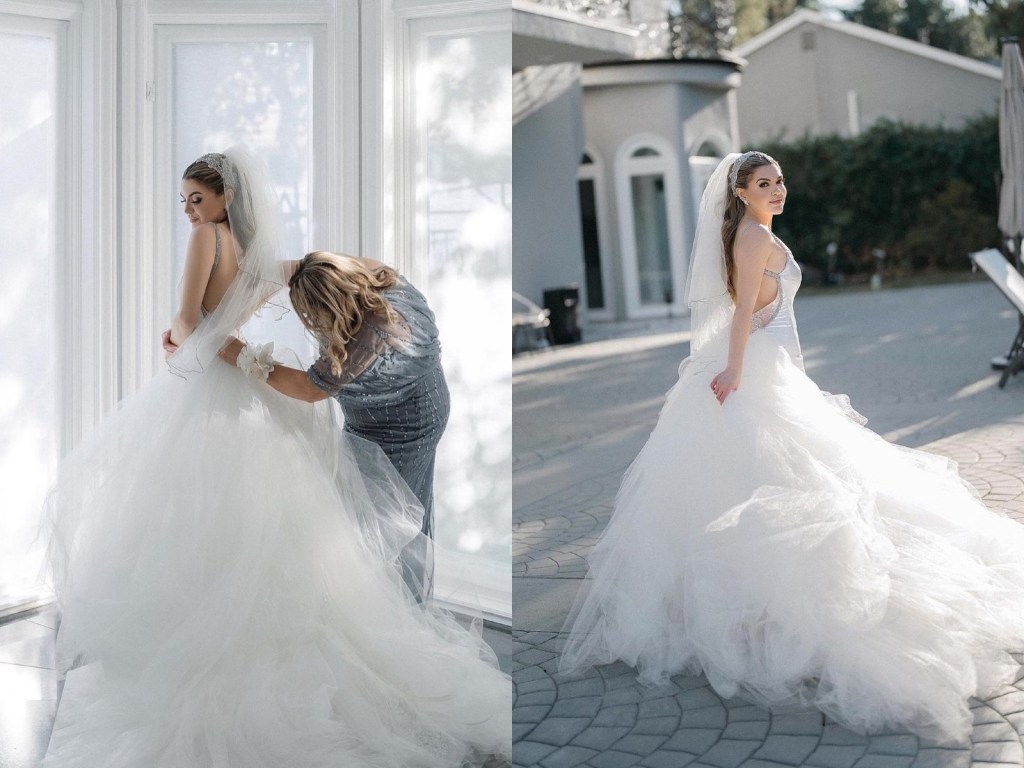 Bride Natalie wears a custom Lauren Elaine Epiphany gown with detachable tulle overskirt and train.
