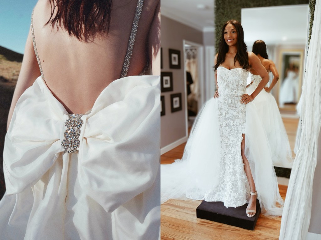 A model tries on a custom wedding gown with detachable bow and train skirt at Lauren Elaine Bridal in Los Angeles