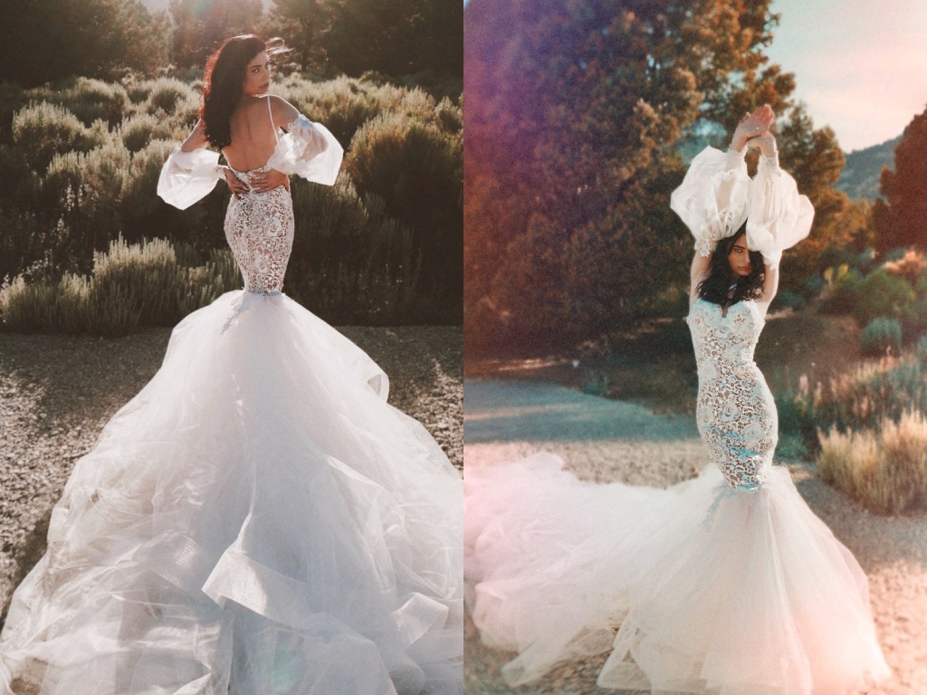 Lauren Elaine Bridal Arcadia bustier mermaid guipure lace wedding dress with 12ft cathedral train and detachable tulle sleeves.