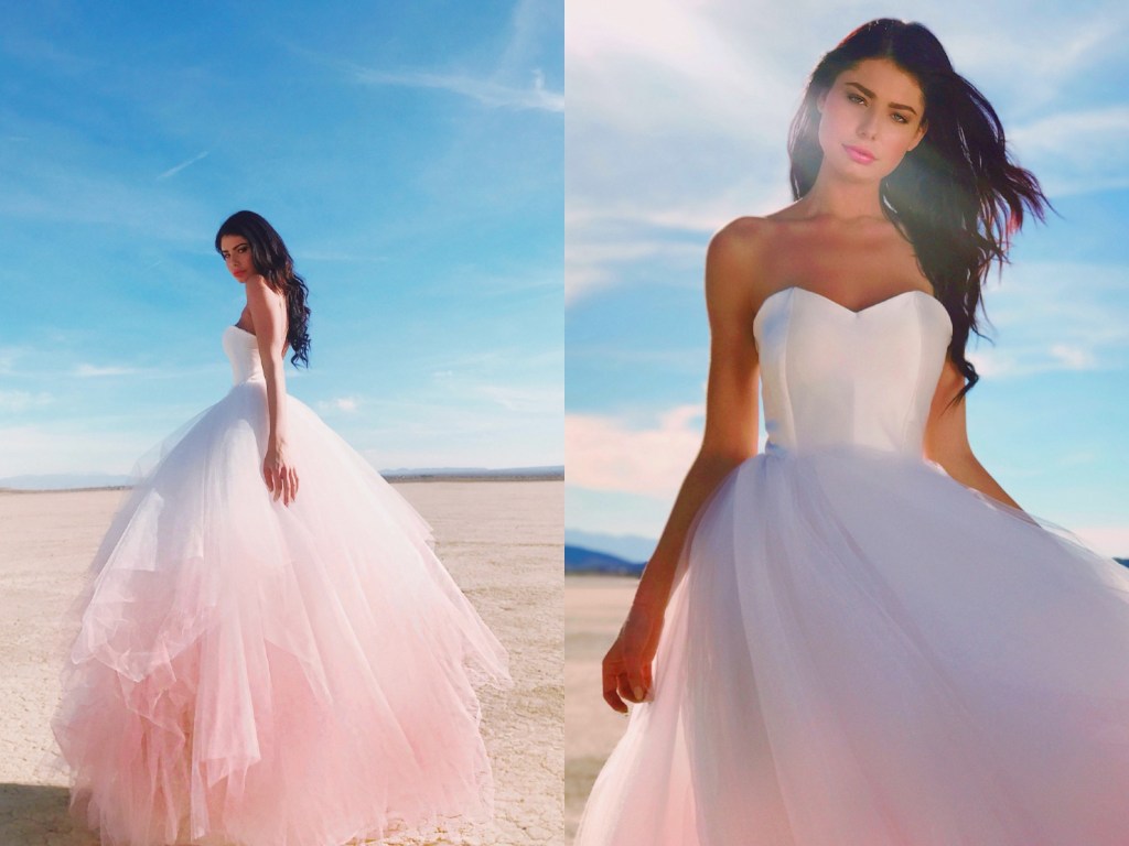 Barbie inspired wedding dress of blush ombre tulle by Lauren Elaine Bridal in Los Angeles, California