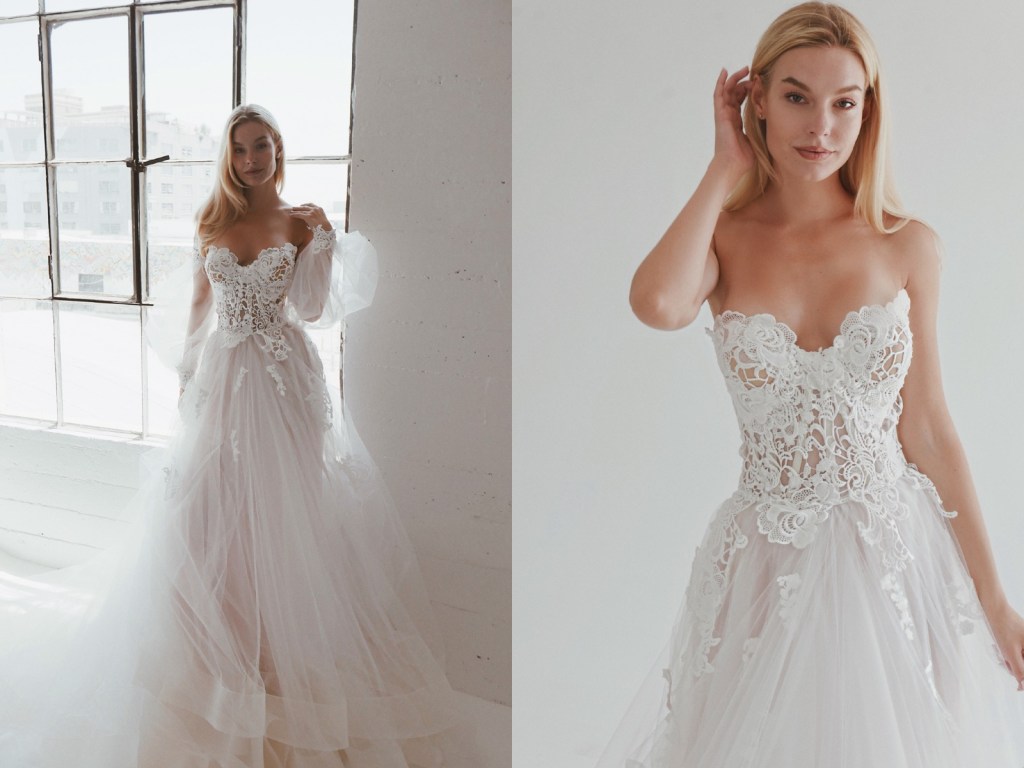 Lauren Elaine Pastora Bustier ball gown wedding dress with detachable sleeves