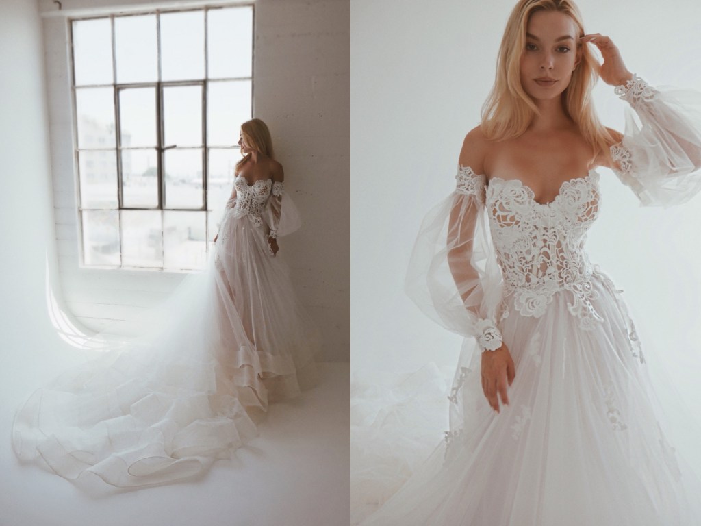 Lauren Elaine Pastora A Line Bustier Guipure Lace Wedding Dress