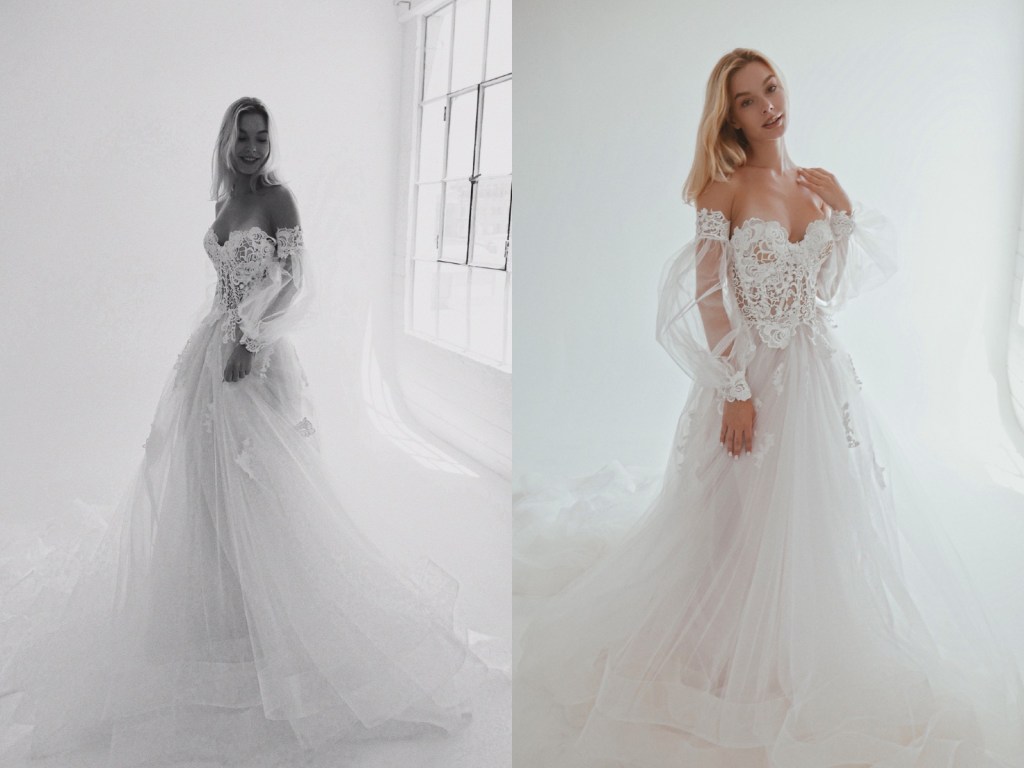A model wears a guipure lace wedding gown by Lauren Elaine Bridal in Los Angeles with detachable sleeves