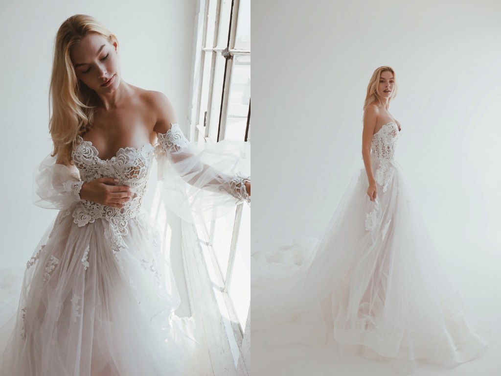 Lauren Elaine Pastora A-line ball gown wedding dress with detachable sleeves and train and guipure lace.