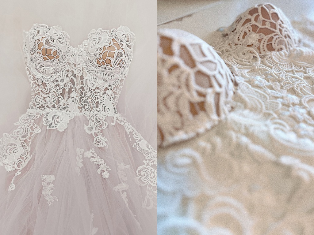 Guipire lace bustier wedding dress being worked on in the studio by Designer Lauren Elaine