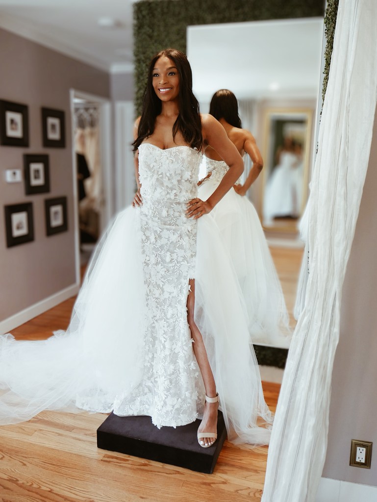 A model wears the Lauren Elaine Illumia gown at the Lauren Elaine flagship bridal salon in Los Angeles.