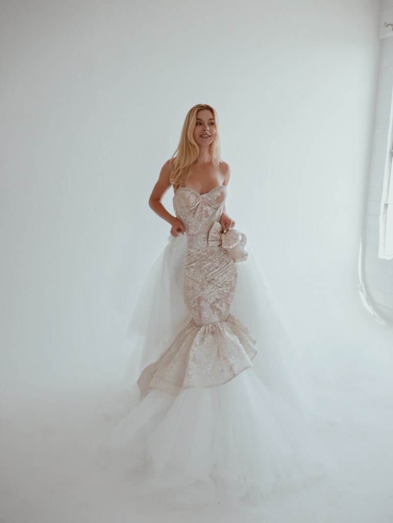 Lauren Elaine Siren 2-in-1 wedding gown with detachable tulle overskirt and train.