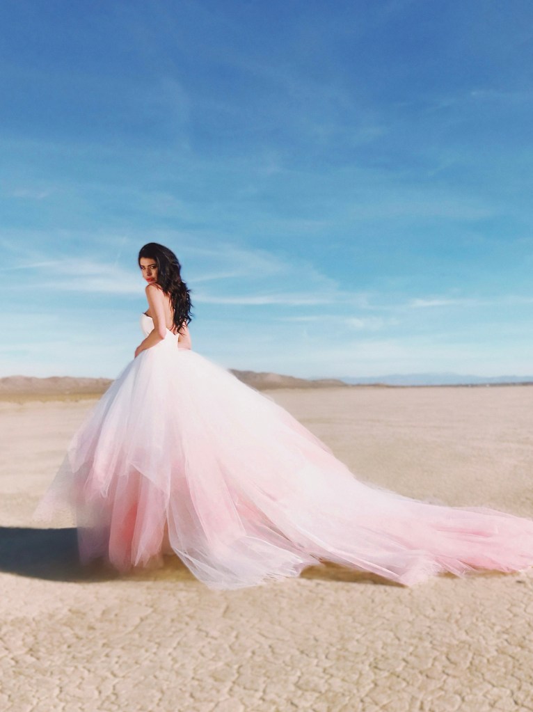 A model poses in a blush ombre wedding dress with cathedral train