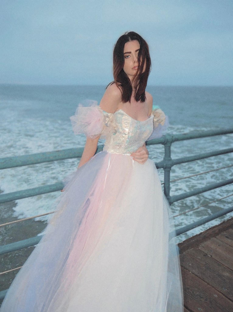 Lauren Elaine pastel rainbow colored wedding dresses.