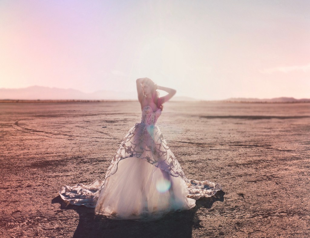 High low wedding dress with cathedral train by Lauren Elaine Bridal Los Angeles.