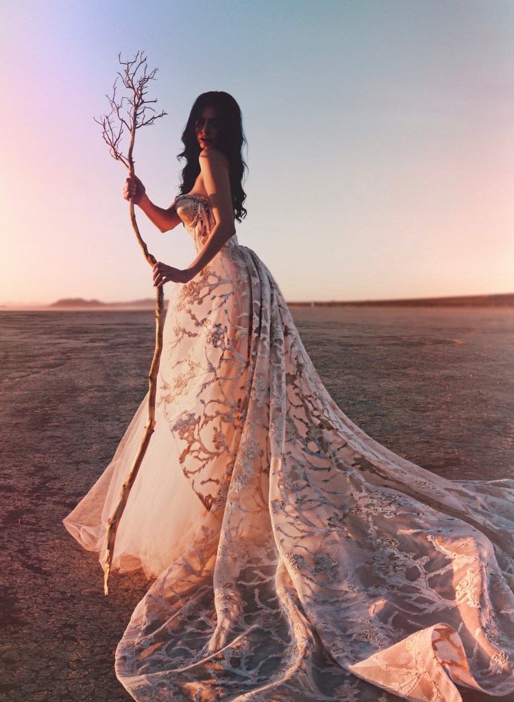 Lauren Elaine gold organza corset Artema  ball gown wedding dress inspired by Sagittarius.