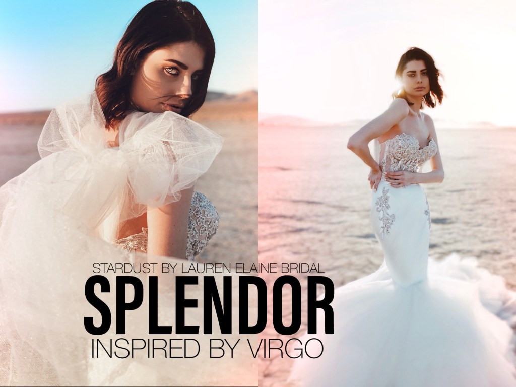 Splendor metallic lavender beaded satin corset mermaid wedding dress inspired by Virgo by Lauren Elaine Bridal Los Angeles.