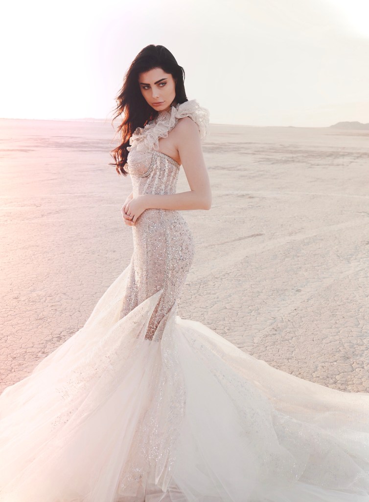 Lauren Elaine Mystere corset beaded mermaid wedding dress inspired by Scorpio with detachable sleeves.