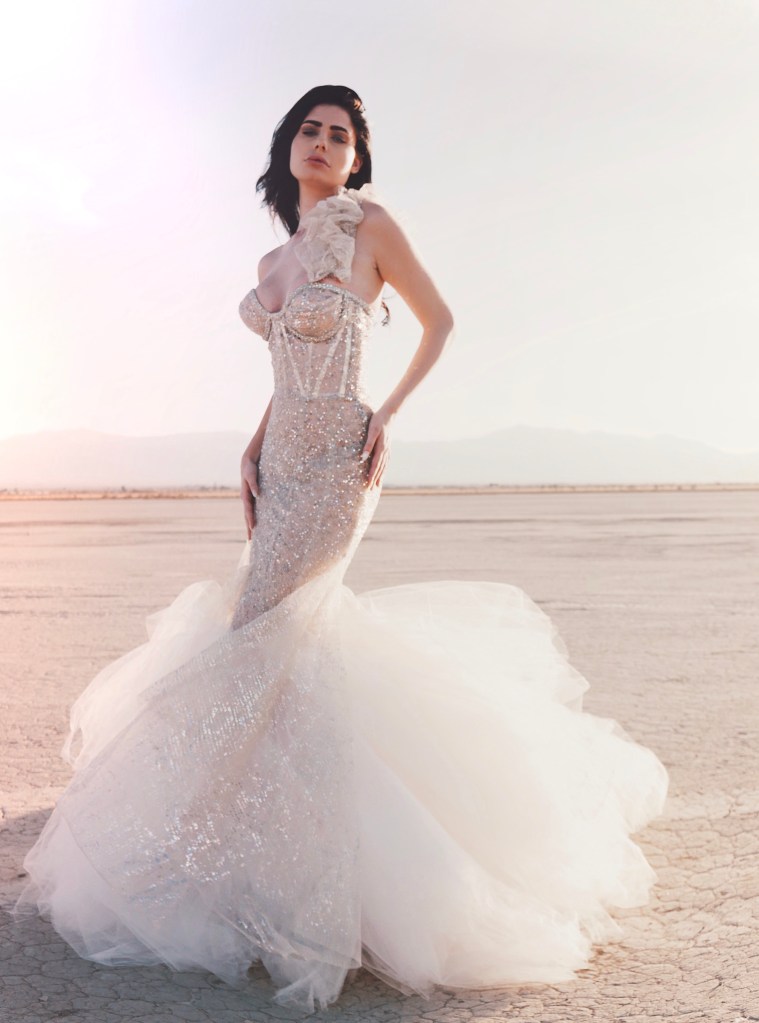 Lauren Elaine Mystere corset beaded mermaid wedding dress inspired by Scorpio with detachable skirt and train 