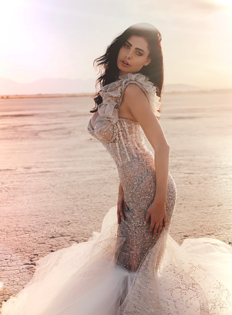 Lauren Elaine Mystere corset beaded mermaid wedding dress inspired by Scorpio