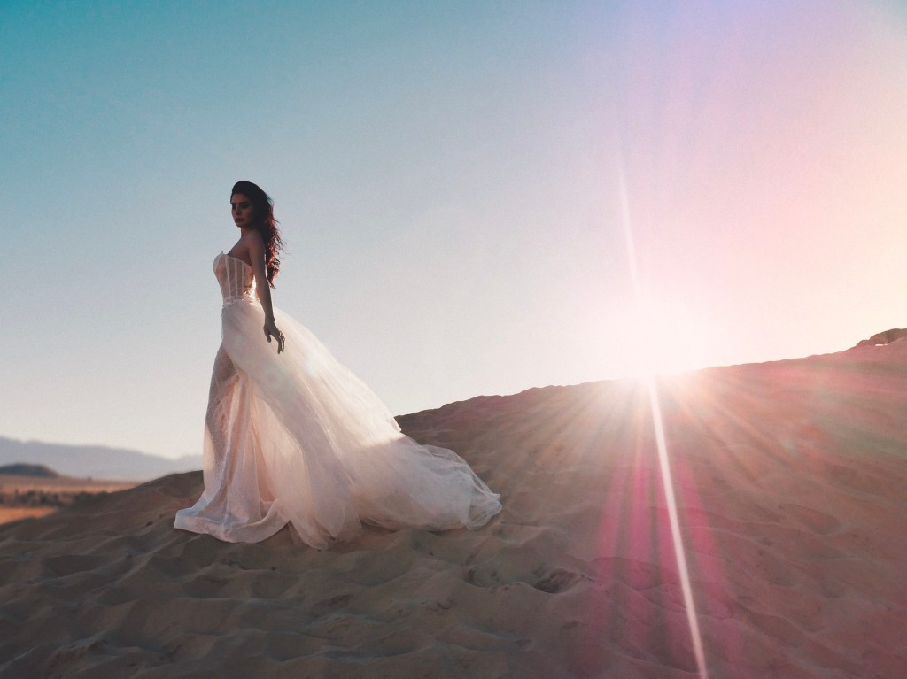 Lauren Elaine Atlas sequin corset trumpet illusion wedding dress inspired by Capricorn.