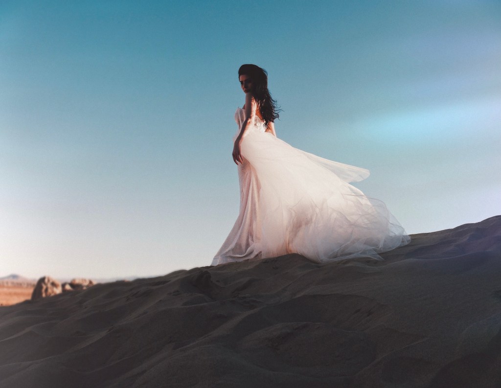 A model wears the Lauren Elaine Atlas gown on a mountain overlooking the Mojave Desert in California.