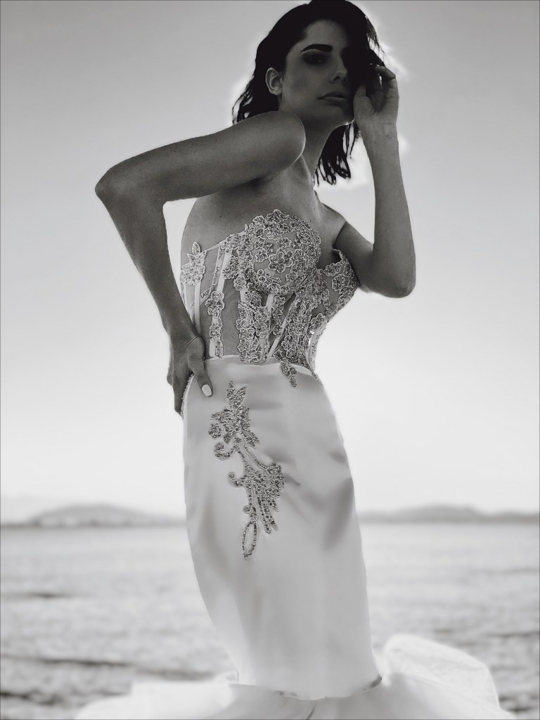 Snatched waist structure details pictured on the Lauren Elaine Splendor Bustier Corset Wedding Gown.