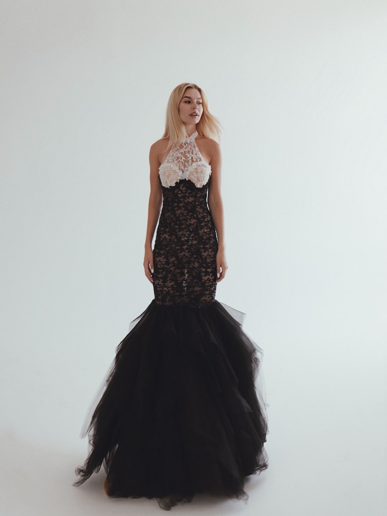 Raven halter lace mermaid wedding dress by Lauren Elaine Bridal in Los Angeles
