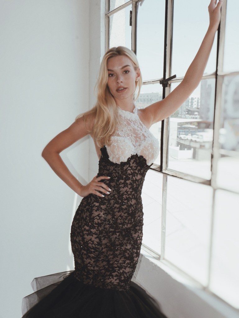 A model wears non traditional black wedding dresses by Lauren Elaine Los Angeles