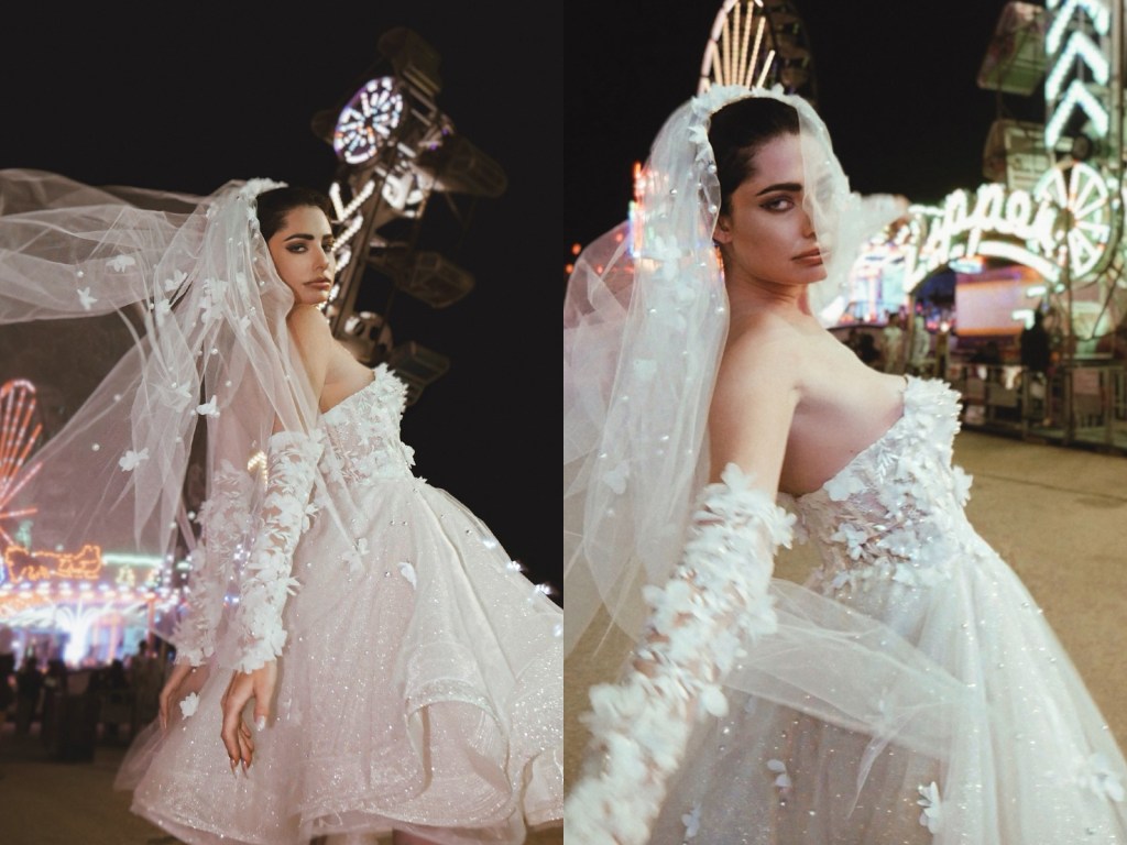 Lauren Elaine Limelight lace applique and pearl mini dress with corset bodice and detailing sleeves