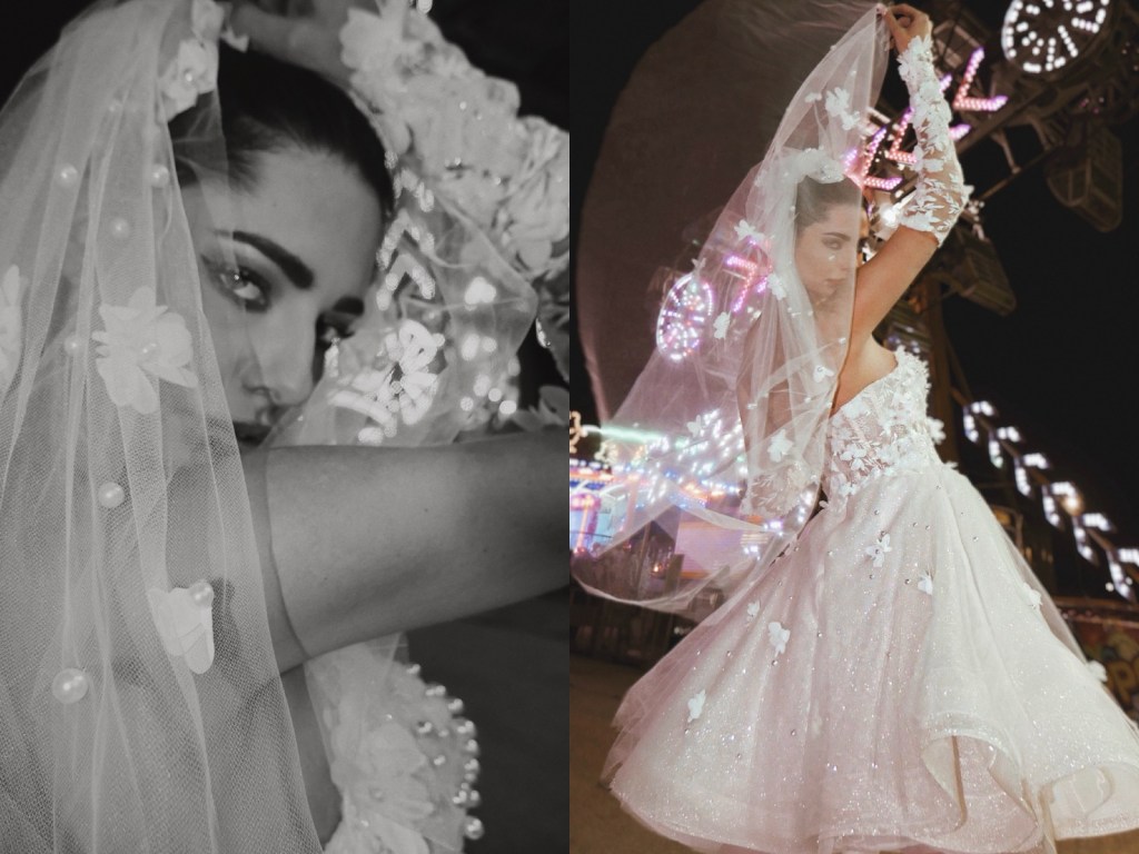 Lauren Elaine Limelight lace applique and pearl mini dress with corset bodice and matching veil.