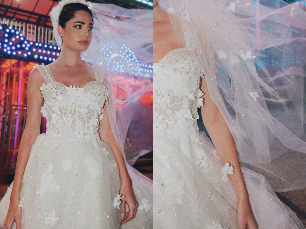 Lauren Elaine Limelight lace applique and pearl mini dress and bridal veil.