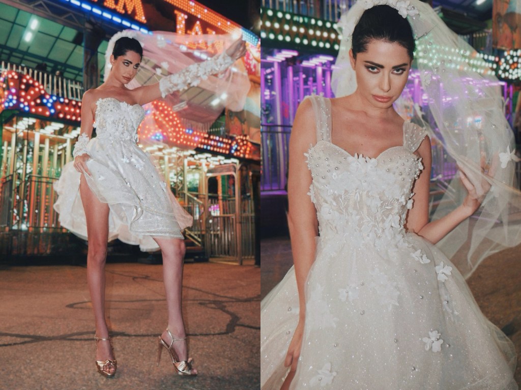 Lauren Elaine Limelight lace applique and pearl mini dress with corset bodice and tulle pearl straps